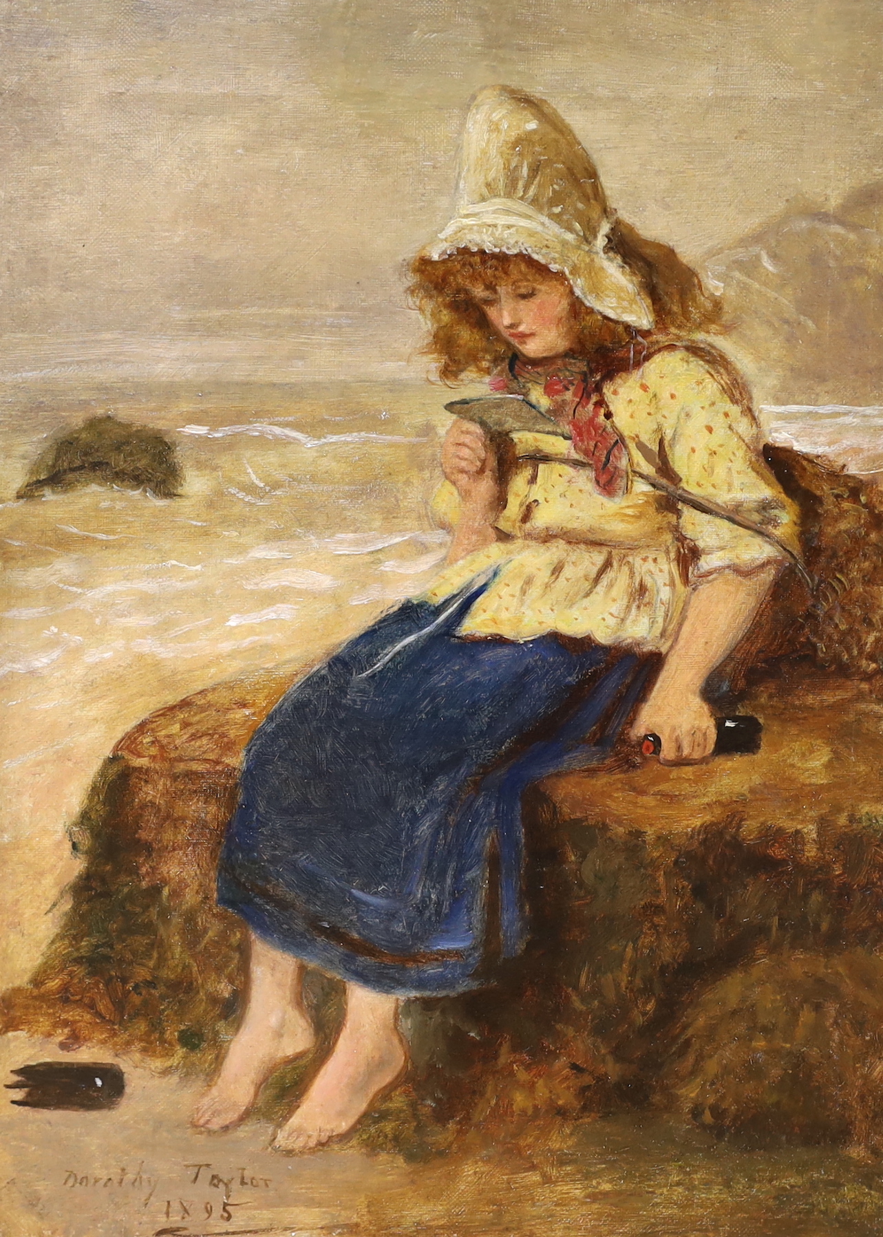 Dorothy Taylor, oil on canvas, Fishergirl on the shore, signed and dated 1895, 41 x 30cm, unframed